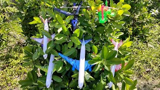 pick up different toys airplane and helicopter on a tree