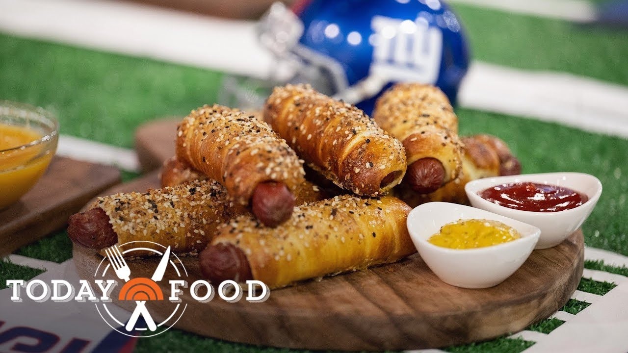 Pretzel challah bagel dogs and buffalo tater tots Get these recipes
