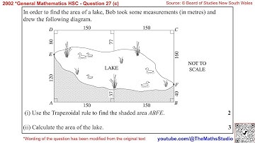 2002 General Maths HSC Q27c Find irregular area of lake bordered by rectangle using Trapezoidal rule
