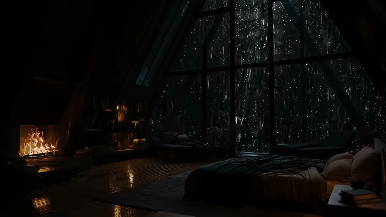 Peaceful Night Rain In Cabin 🌧️ | Fireplace Ambience 🔥 | Relaxing Sounds To Sleep And Unwind