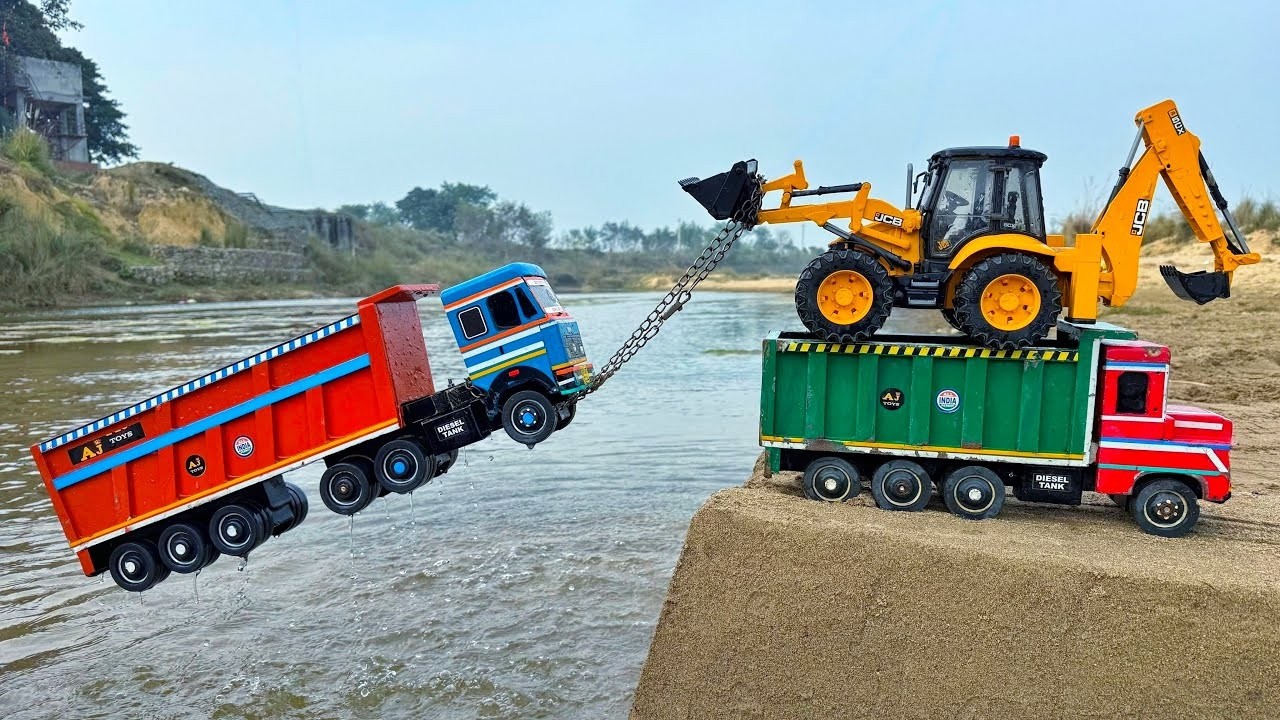 JCB Tractor Cartoon Video | Ashok Leyland Truck Riverside Accident Pulling Out JCB 5CX? AJ TOYS