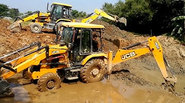 JCB Machine Digging For Bridge Foundation Construction - Two JCB Working For New Bridge Construction
