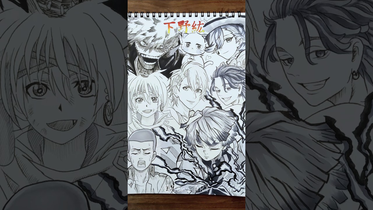 【セリフ字幕付き】 CV: 下野紘さんの演じたキャラ8選を一発描きで描いてみた⚡️#drawing #drawingchallenge #一発描き #声優 #下野紘