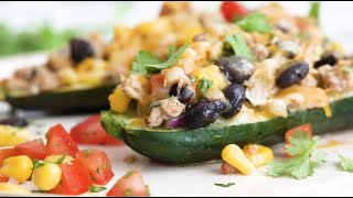 Turkey santa fe zucchini boats are one of my favorites! hollowed out
stuffed with a cumin spiced ground and black bean mixture sum...