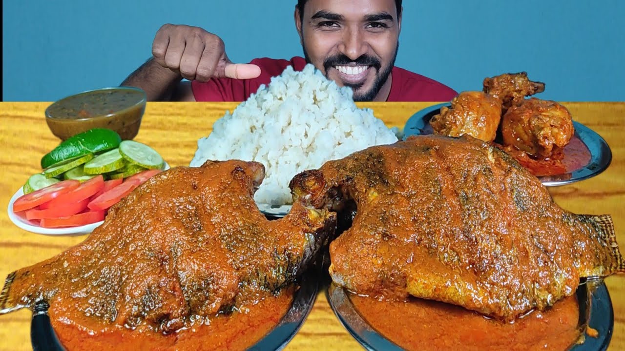 Eating Spicy Whole Fish Curry with Dal Chawal | Chicken curry & Salad Mukbang
