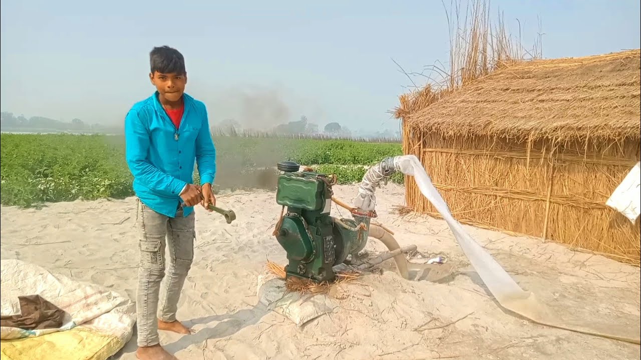 kirloskar diesel engine water pumping set 5 inch plastic pipe dwara village boy irrigation hard work