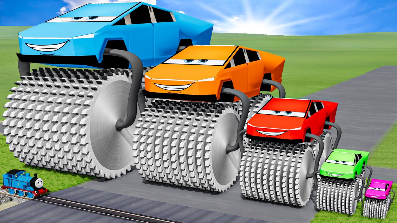 Big & Small Double Monster Saw Wheels Colors: Tesla Cybertruck vs Train Thomas | BeamNG.Drive