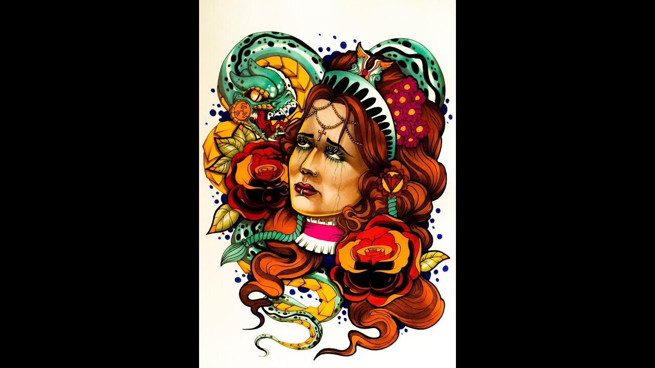 Valentines Day girl with a snake and roses design-Speed Drawing - YouTube