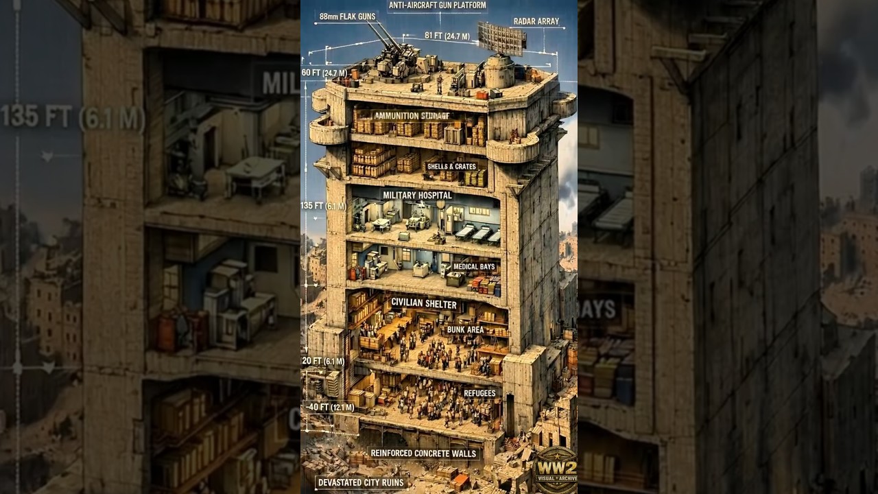 Architectural cross-section cutaway of a German WWII Flak Tower showing rooftop guns, hospital, and civilian shelter