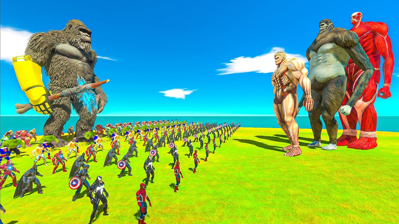 King Kong revolt battle with Superheroes army vs Team Titans - Animal Revolt Battle Simulator