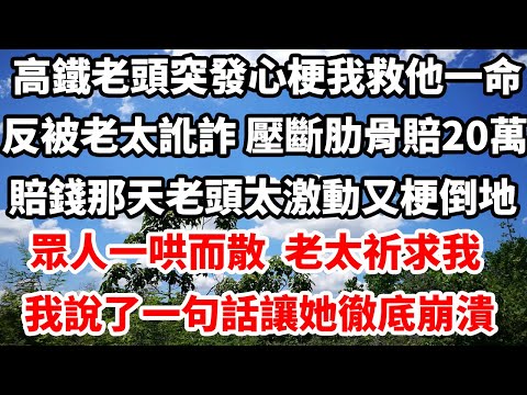 高鐵老頭突發心梗我救他一命，反被老太訛詐：壓斷肋骨賠20萬，醫院怕擔責把我開除，賠錢那天老頭太激動又心梗倒地，眾人一哄而散，老太祈求我，我說了一句話讓她徹底崩潰#情感故事#反轉#碰瓷