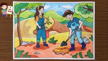 Vẽ tranh đề tài: Bảo vệ môi trường - Trồng cây phủ xanh đồi trọc.