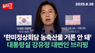 대통령실 &quot;농축산물 추가개방 거론 안해...합의문 필요 없을 정도로 잘된 회담&quot; :  한미정상회담 대통령실 강유정 대변인 브리핑 : 2025년 8월 26일