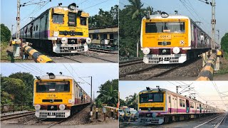 [4 in 1] Conversational colorful EMU local trains swiftly accelerating through level crossing
