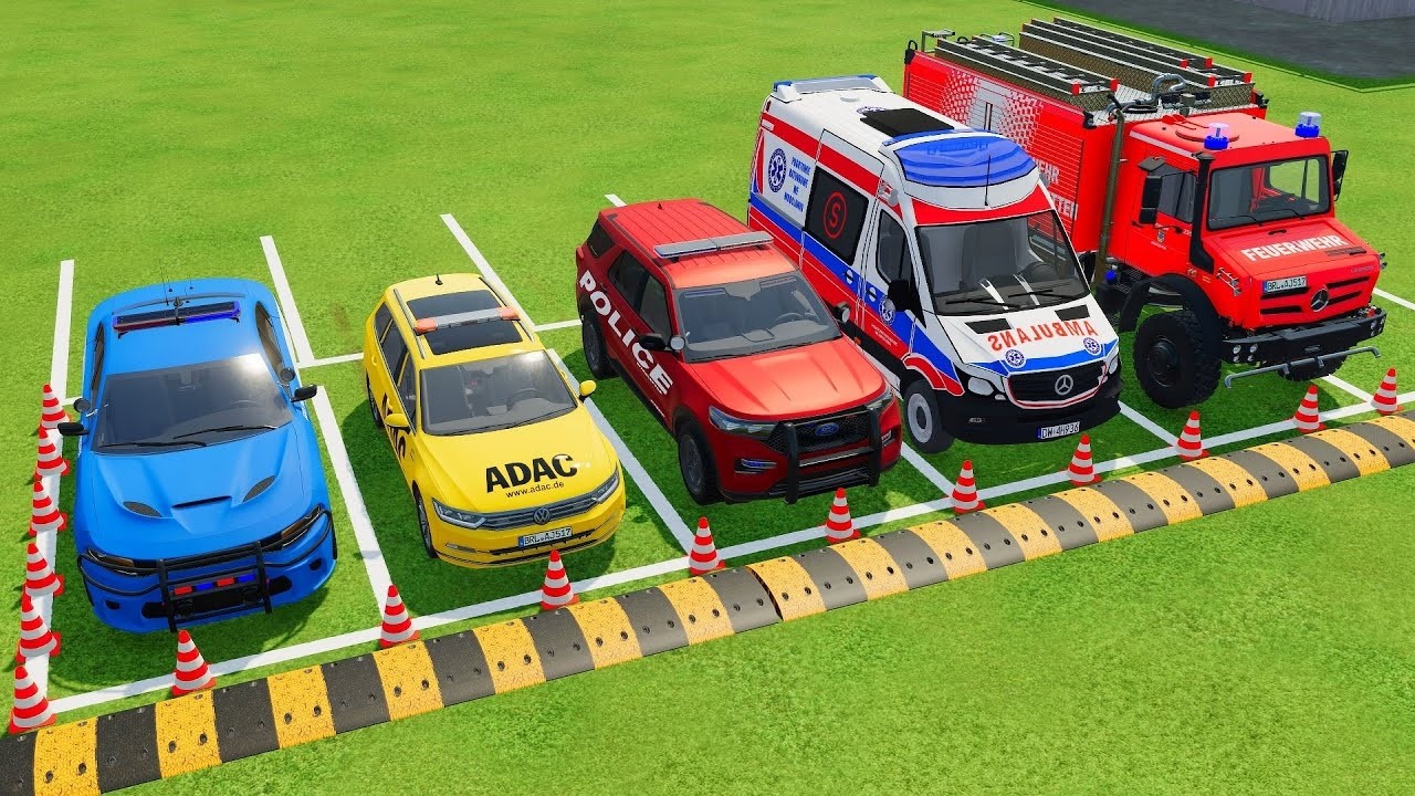 TRANSPORTING EMERGENCY CARS, AMBULANCE, POLICE CARS, FIRE TRUCK OF COLORS! WITH TRUCKS! - FS 22 #3