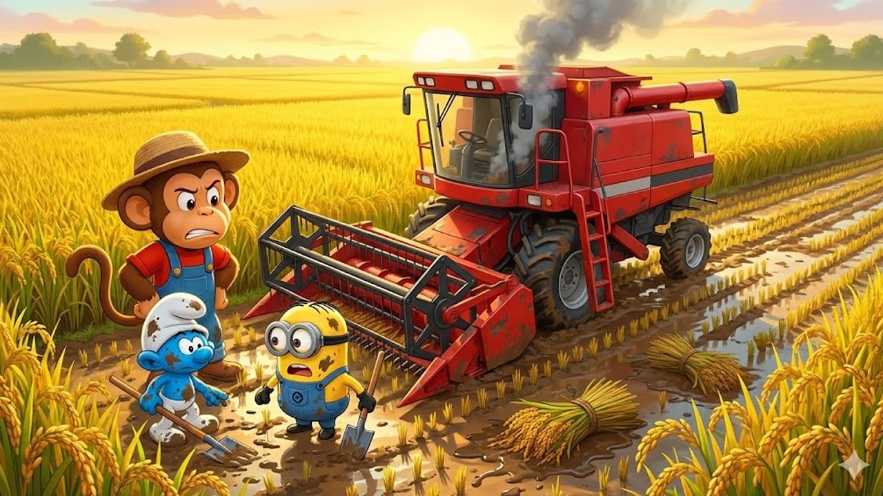 Unexpected Farm Incident! Monkey KiKi Faces a Harvester Breakdown in the Rice Field 🚜🌾🐒