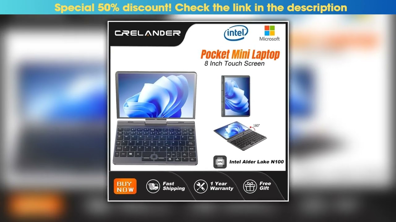 Discount CRELANDER P8 8 Inch Mini Laptop Touchscreen Rotating 360 Degree Intel Alder N150 12GB WiFi