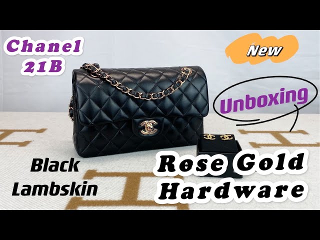 Chanel 21B Black Lambskin Small Classic Flap with Rose Gold