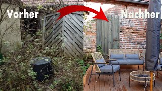 Verwilderten Garten umgestalten  Terrasse aus Holz bauen [Vorher Nachher Time lapse]