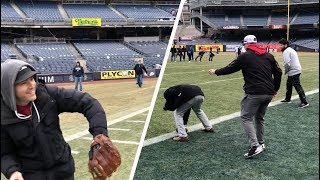 Playing baseball and football at Yankee Stadium