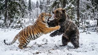 Shadows in the Snow: A Tense Siberian Tiger vs Brown Bear Encounter-AI story