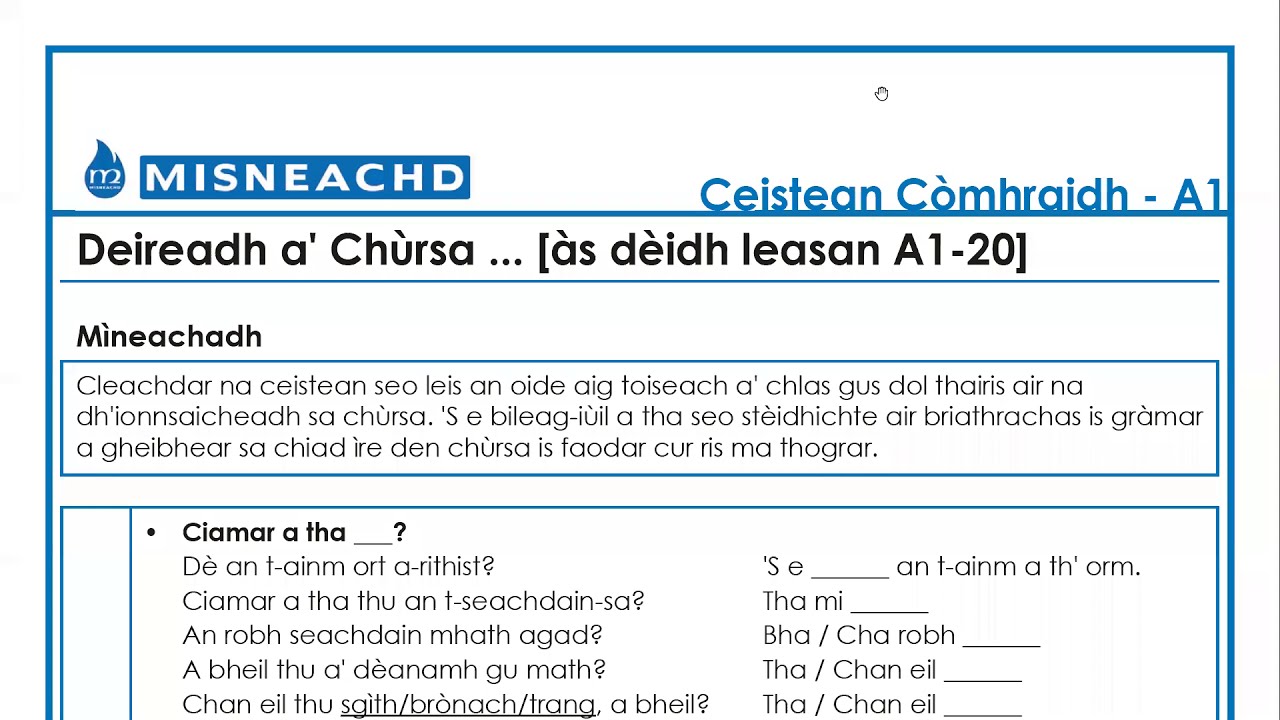 A1-20X Duilleagan Obrach - Course Completion Worksheets