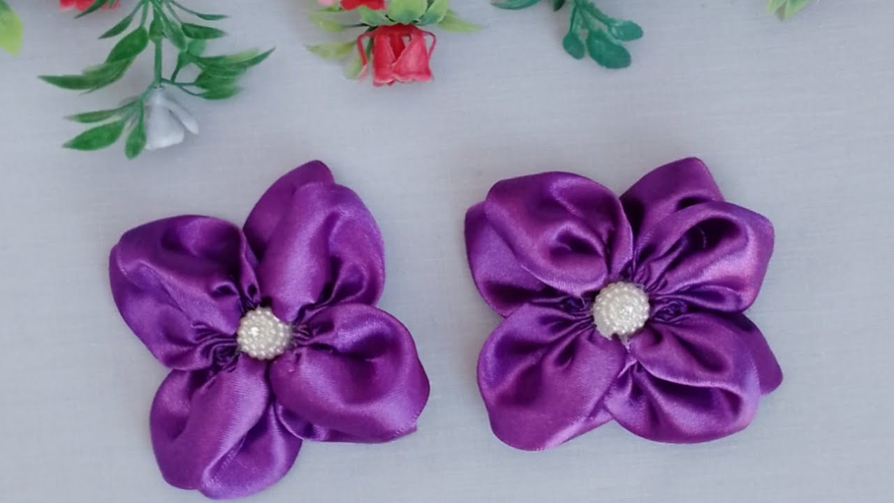 How to make ribbon flowers / DIY Satin ribbon flowers / Hand Embroidery designs / Sewing hacks