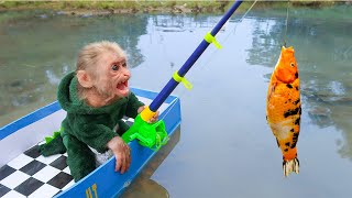 Baby Monkey Goes Koi Fishing And Eats With Kittens
