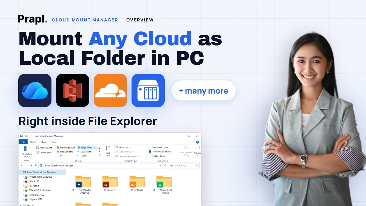 Prapl Cloud Mount Manager mounting a cloud storage account so it appears as a folder in Windows File Explorer