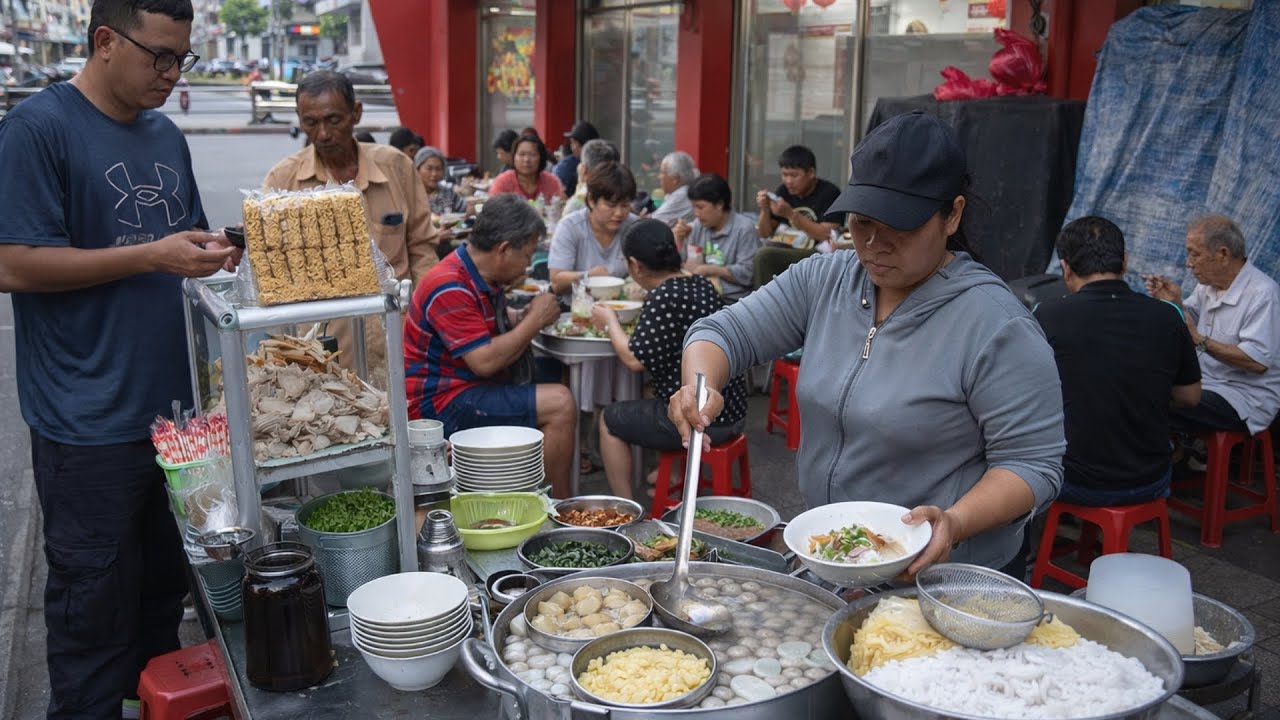 Chị gái bán bánh canh bò viên 20k/tô khách ngồi ăn đông kín ghế ở vỉa hè Sài Gòn