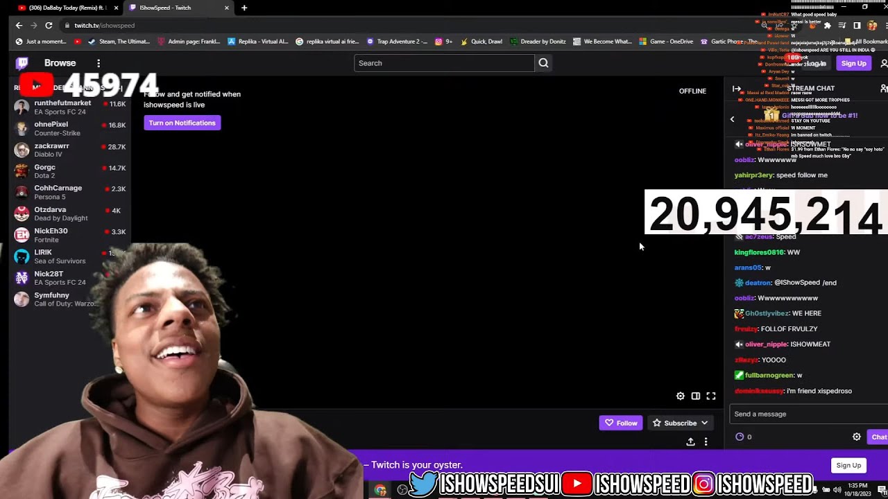 IShowSpeed gets 100k+ new Twitch followers without streaming after unban -  Dexerto