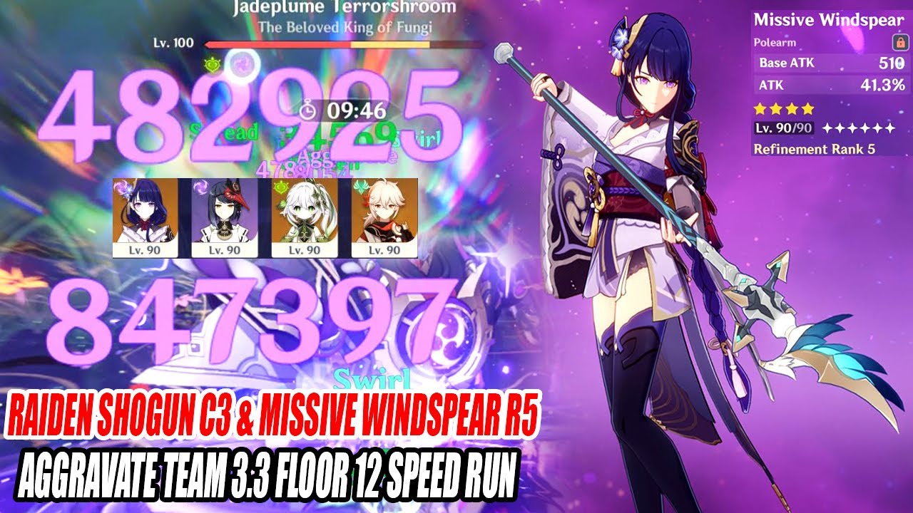 Raiden Shogun C3 & Missive Windspear R5 F2P Weapon Aggravate Team 3.3 Floor 12 Speed Run