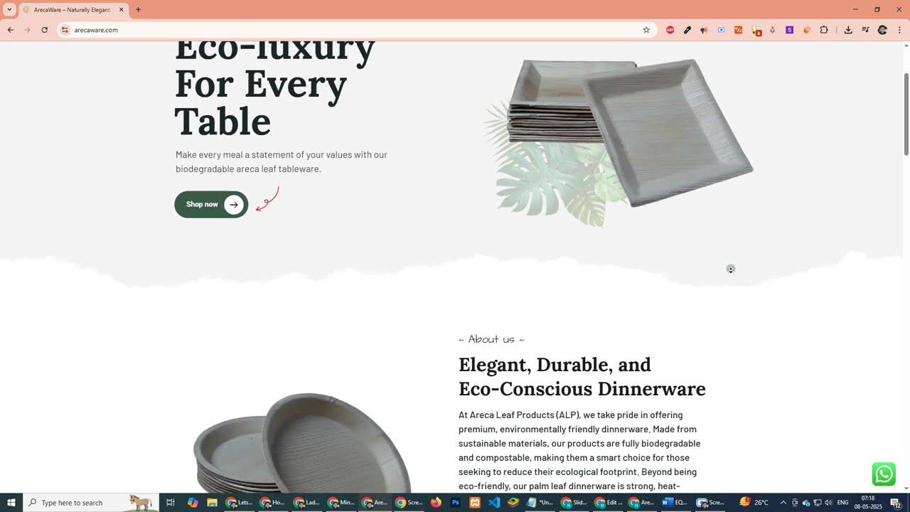 ArecaWare Website Design | Eco-Friendly Areca Leaf Tableware | EasyQuickWeb Portfolio