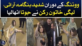 KPK Assembly: Intense chaos during voting, league&rsquo;s female member throws a Shoe - Aaj News