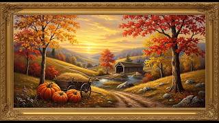 Vintage Autumn Covered Bridge Landscape | Samsung Frame TV Art | 4K Fall Harvest Painting
