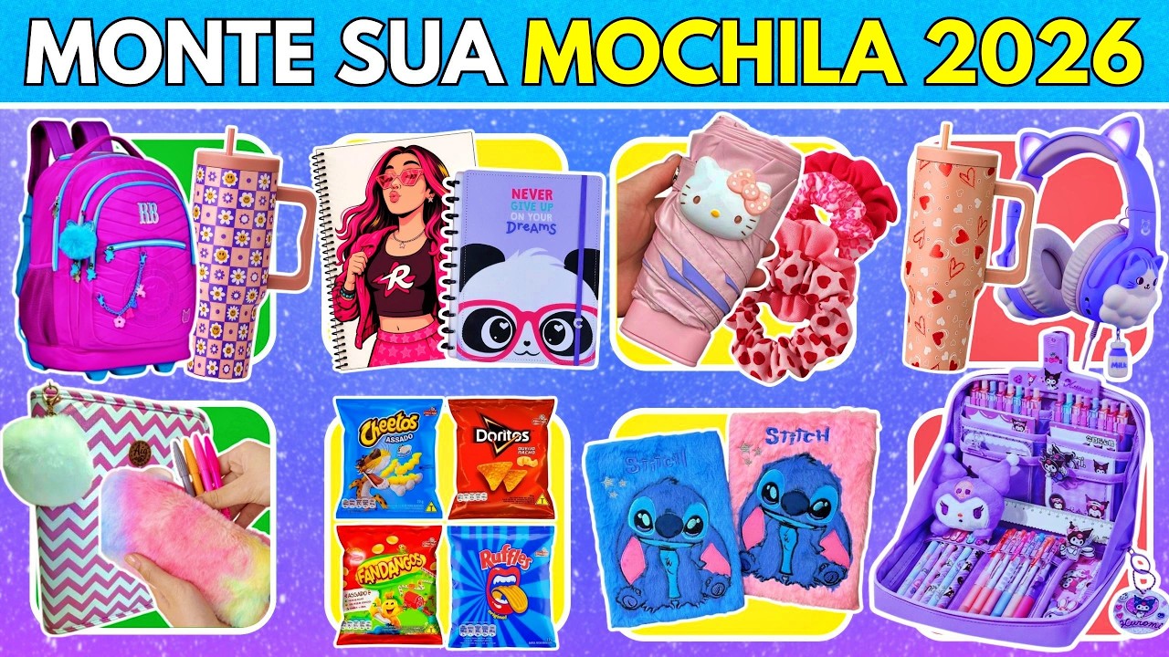 ✨ MONTE SUA MOCHILA 2026 📔🎒 Qual seu item favorito? #quiz #materialescolar