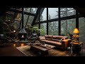 Smooth piano jazz music  cozy cabin on peaceful rainy day ambience  gentle rain fireplace sounds