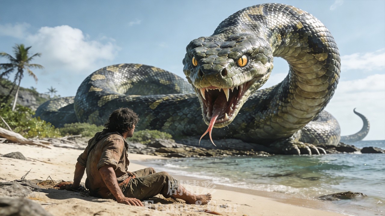 Оказавшись в ловушке, преследуемый акулой! Высадившись на берег, встречает змея-людоеда!