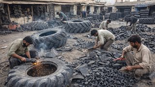 Download Lagu Old and Rusted Heavy Machinery Tyres Cut into Small Pieces for Small Vehicles by Afghan Mechanics MP3