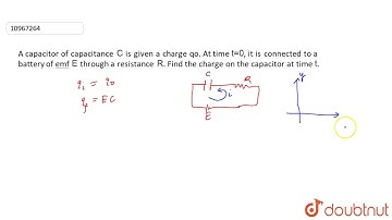 A capacitor of capacitance `C` is given a charge go. At time `t = 0`, it is connected to a batte...