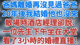 爸媽離婚後我再沒見過爸爸，20年後我結婚他也沒來，婚宴散場時酒店經理卻遞給我一個紅包說：一位先生下午坐在大堂看了3個小時的婚禮直播#講故事 #情感小說 #深夜淺讀 #夜讀人生 #雪兒講故事 #情感故事