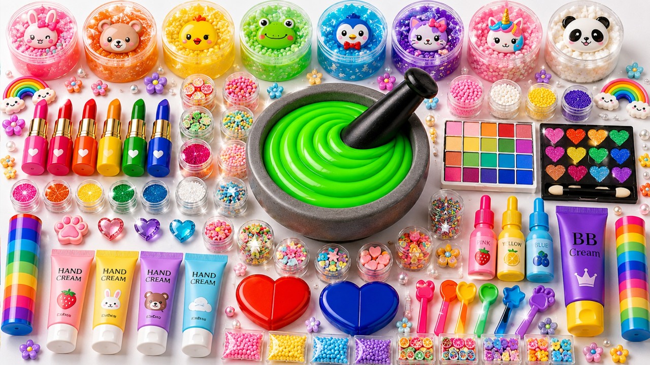 Satisfying Slime ASMR 🌈 DIY How to Make Rainbow Glossy Slime with Makeup Cosmetics Glitters 16