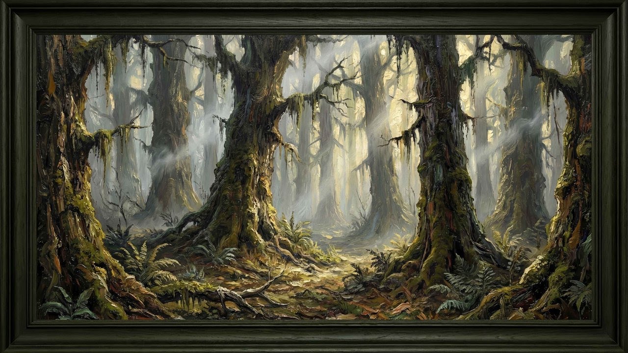 Ancient Forest Cathedral — Misty Old Growth Trees & Light Rays | Oil Painting | 4K TV Art | 8 Hours