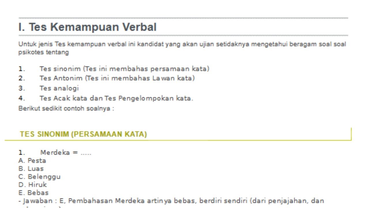 Contoh Soal Tes Verbal Psikotes dan Pembahasan