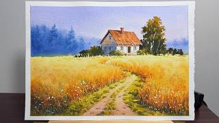 Watercolor Painting - Old Cottage in the Barley Field @ArtPaintingNow