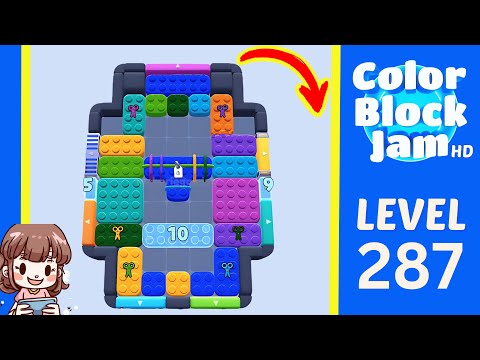 Color Block Jam Level 287 3:35 board with central locked blue piece and counters 10, 5, and 9 opening frame