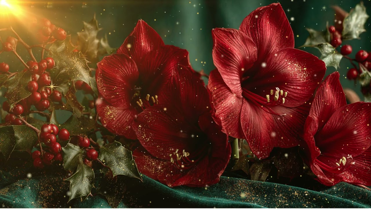 Luxury Red Amaryllis & Golden Sparkles | 4K Ambient Art Display — No Music