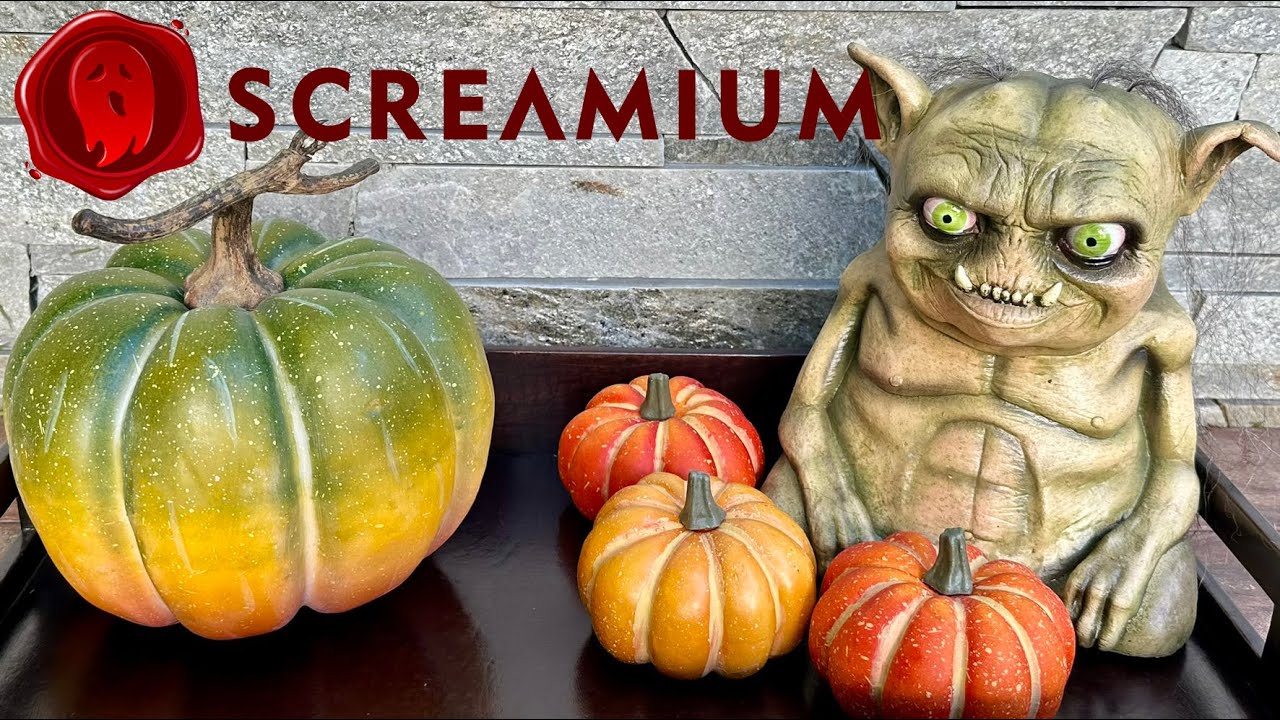 Creepy Gremlin Monster with Cute Pumpkins for Halloween Decor