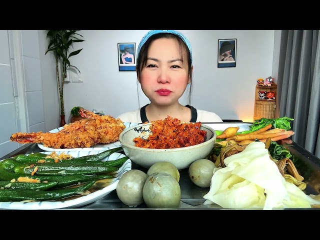Thaifood ASMRน้ำพริกปลากระป๋องมีกระเจี๊ยบผัดน้ำมันหอยกุ้งชุบแป้งCanned fish chili paste MUKBANG SHOW