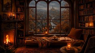 Cozy Gothic Reading Nook with Fireplace & Autumn Rain Window | Dark Academia Music for Study, Focus